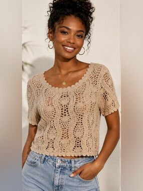Jessica Simpson Beige Crochet Knit Top Boho Festival Beach Cover Up Sz S